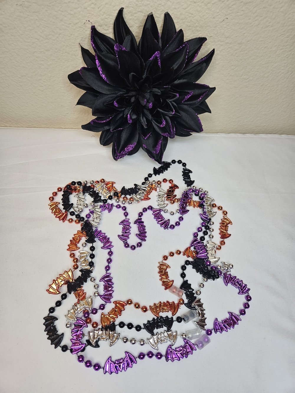 Set of 4 Halloween Bat Necklaces & Black Purple Dahlia Flower Brooch Pin NEW